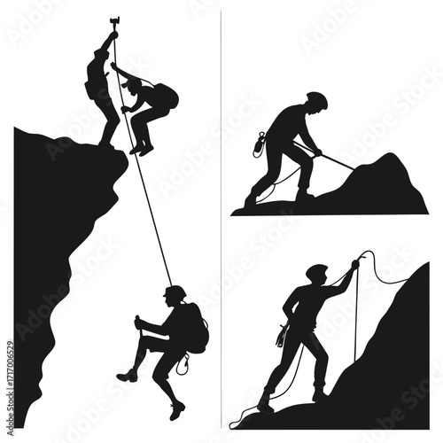 Silhouettes of Mountaineers in Action climbing mountaineering