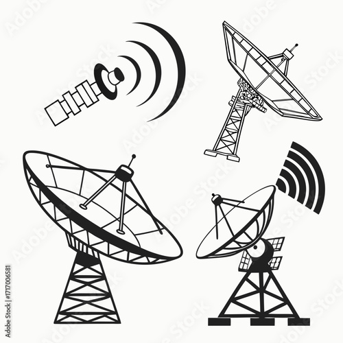 Silhouettes of Satellite Dishes and a Satellite antenna
