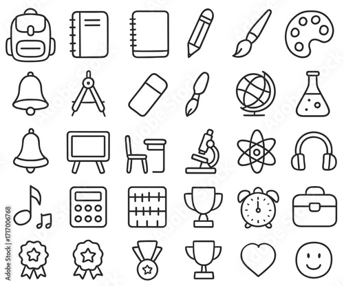 Vector set of icons representing education and school supplies on transparent background  
