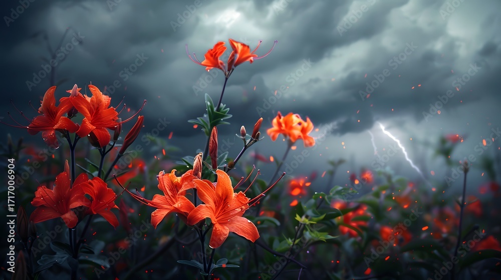 Obraz premium Stormy Night With Red Lilies: Fiery Petals Amid Lightning And Rain