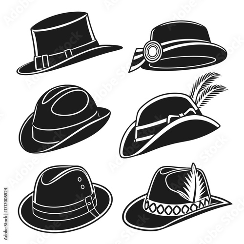 Six Different Hats in Black and White Illustration