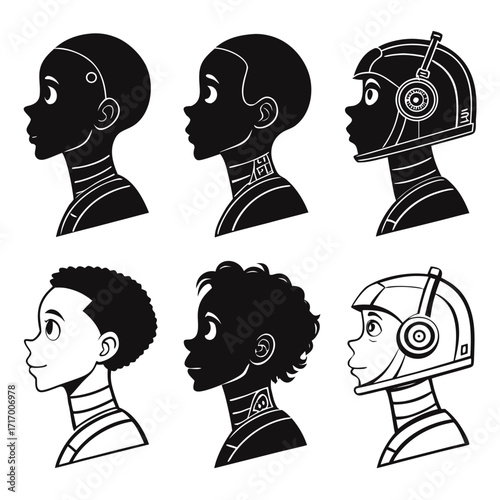 Six Profile Silhouettes of Diverse Human and Robot Heads