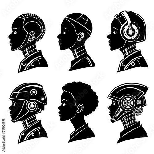 Six Profile Silhouettes of Human and Robot Heads with Headphones