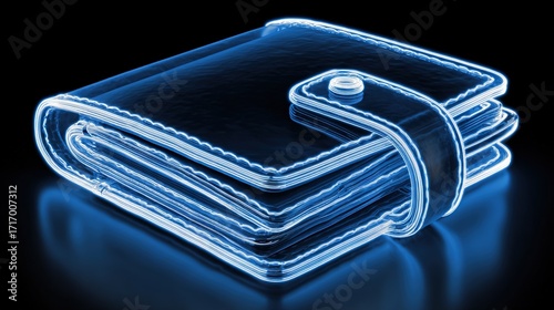 Futuristic glowing neon wallet in blue light, symbol of cryptocurrency, blockchain security, digital payments, and financial technology innovation