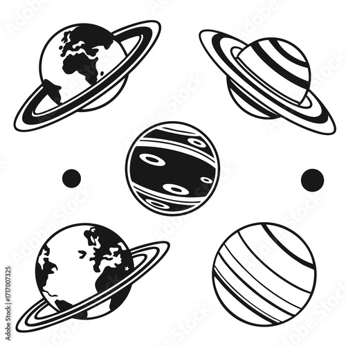 Stylized Black and White Illustrations of Planets and Moons