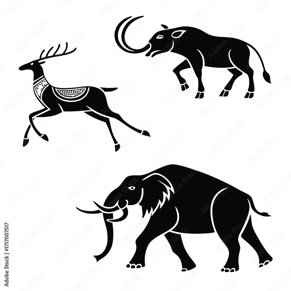 Naklejka premium Three Ancient Animal Silhouettes with Decorative Elements