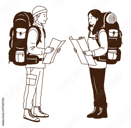Two hikers examining map prepared for adventure with large backpacks and expedition gear