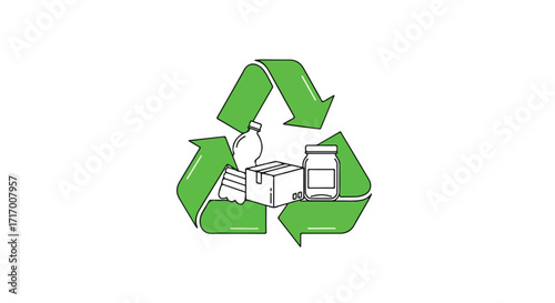 Minimalist Illustration of Green Recycling Symbol with Various Recyclable Items Depicted Inside on White Backdrop