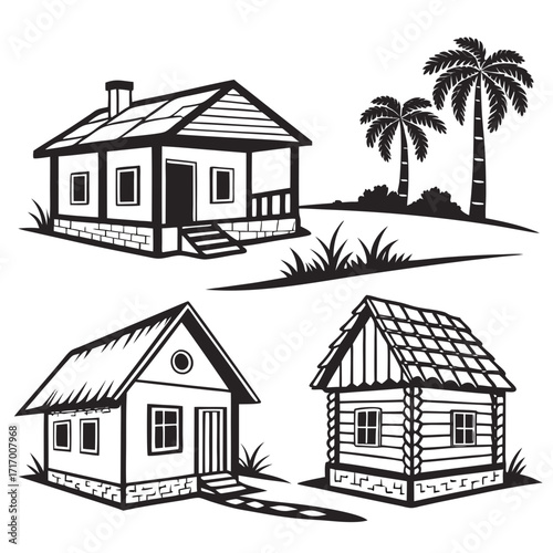 Village Houses and Palm Trees Silhouette cabin home