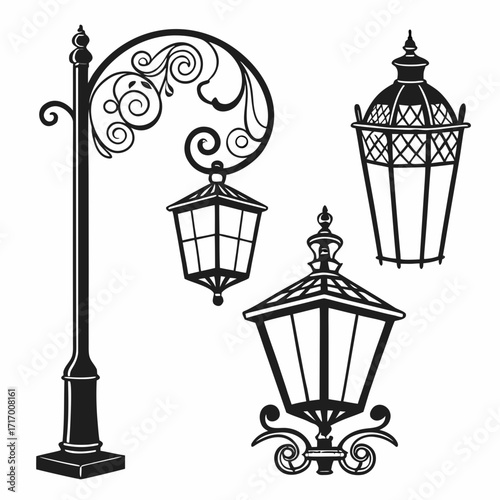 Vintage Street Lamp and Lanterns Silhouette Set lamp post