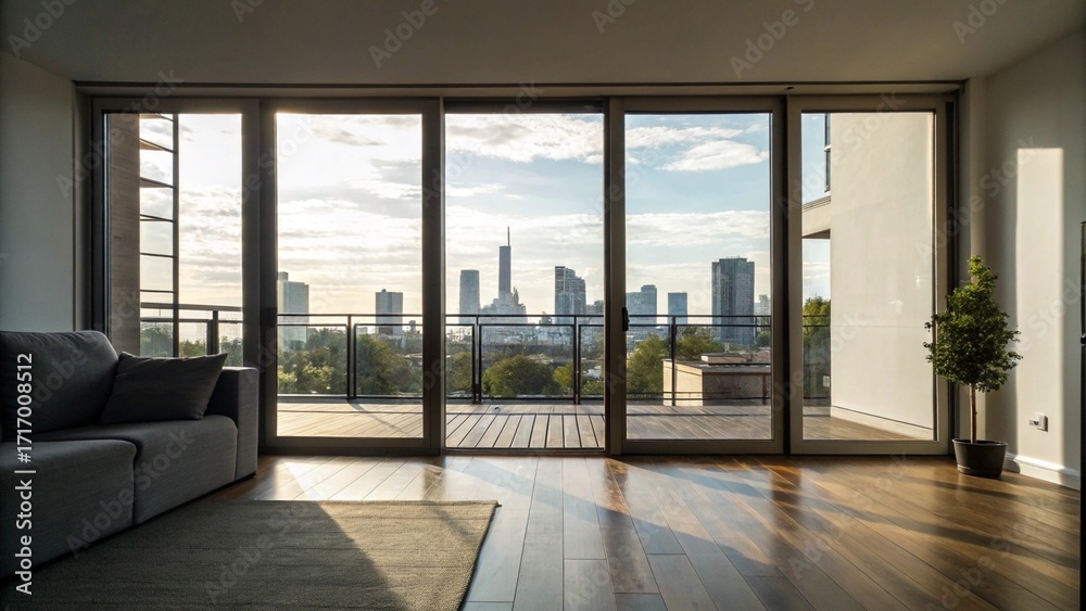 Fototapeta premium Interior Living Room View Through Glass Doors to Skyline Balcony for Lifestyle