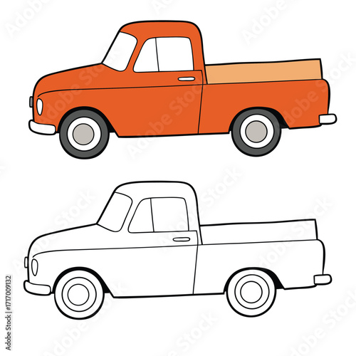 A fun pickup truck coloring page featuring a sturdy, classic truck ready for adventure, perfect for kids and adults to color with bold, bright creativity.
