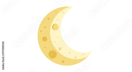 Crescent moon illustration with cratered surface, a celestial object in soft shades of yellow against a plain backdrop suggesting astronomy or night