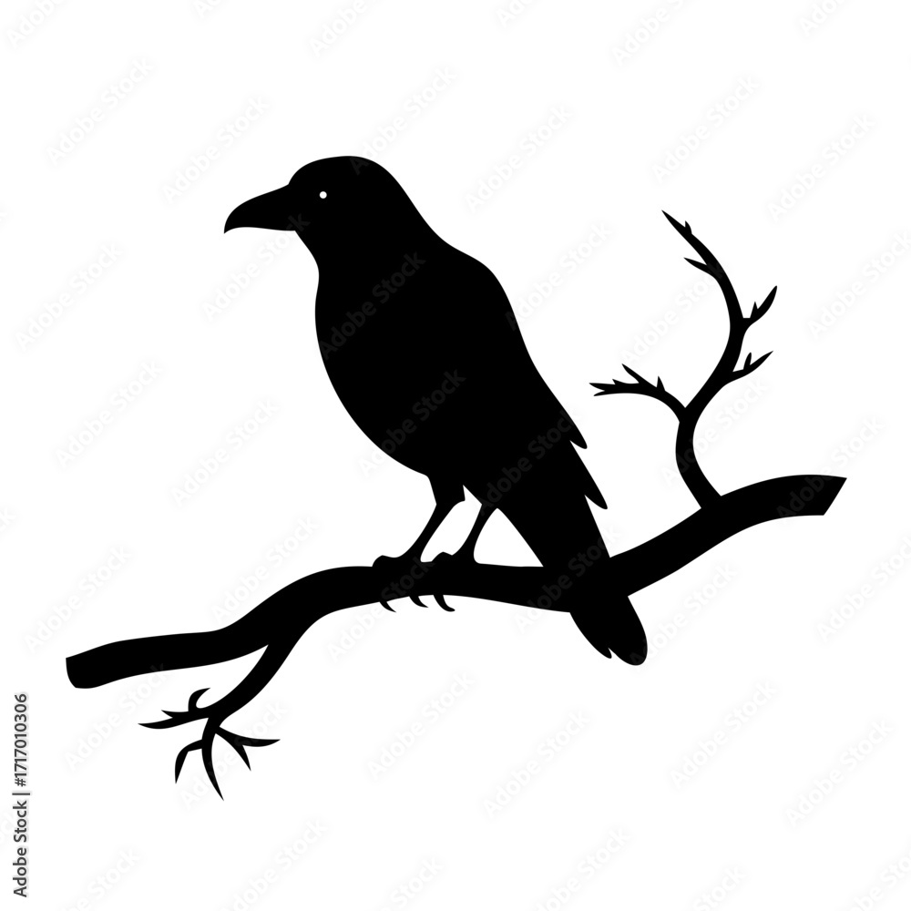 Fototapeta premium ominous raven sitting on a bare tree branch - black crow bird halloween theme vector silhouette design 