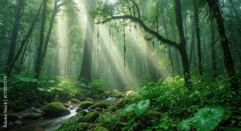Obraz premium Lush tropical rainforest landscape with sunbeams filtering through dense foliage creating a