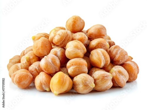 A pile of fresh, healthy chickpeas, a nutritious and versatile legume. The chickpeas are a light brown color and are isolated on a clean surface