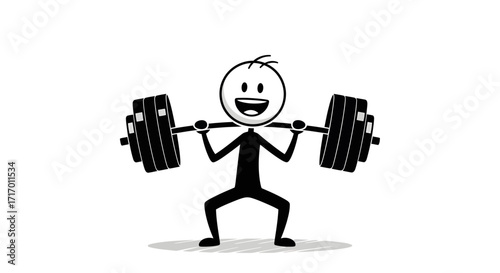 Simple line drawing of a smiling man performing a barbell squat, a monochrome illustration against a white background, conveying a determined and energetic mood.