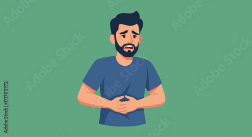 Close-up illustration of a man experiencing stomach ache, holding his abdomen with a worried expression against a solid green background, conveying a feeling of