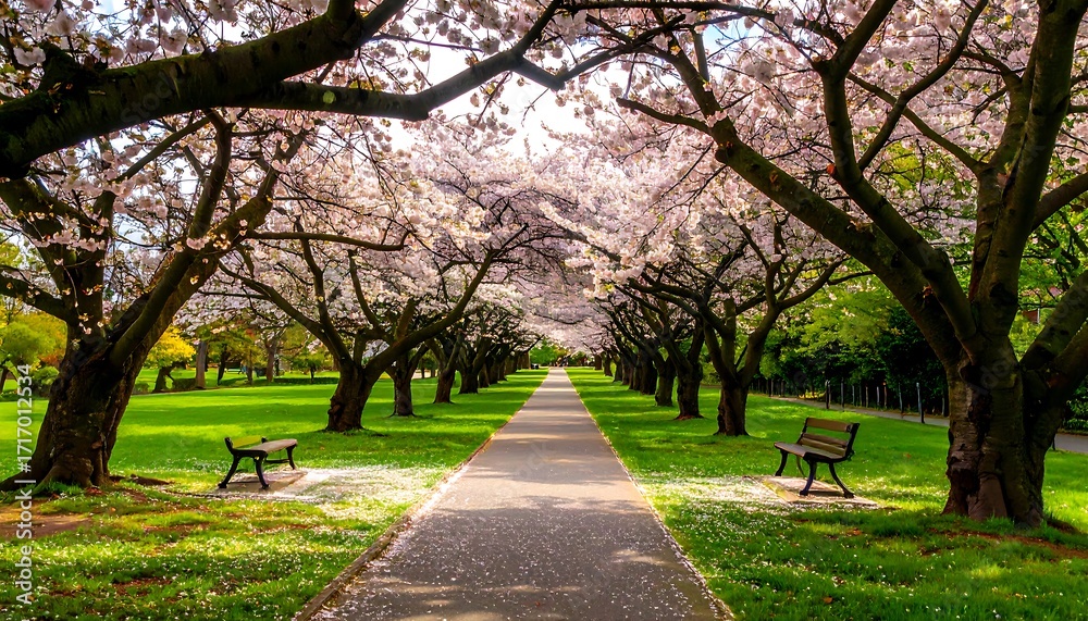 Fototapeta premium Blossoming cherry trees line a park path