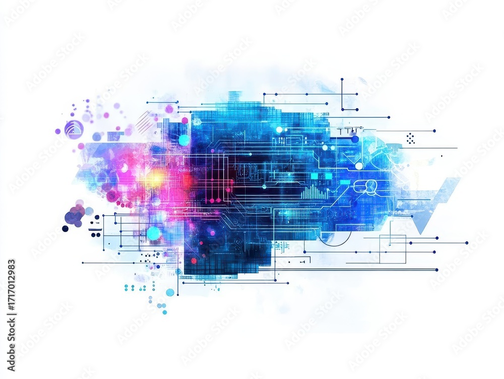Obraz premium Abstract digital technology concept with interconnected glowing circuit lines and data nodes in vibrant blue pink purple hues on white background