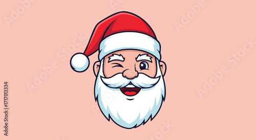 Cartoon illustration of Santa Claus's face, winking with a cheerful expression, on a pink background.