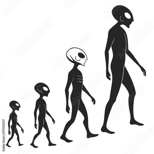 Alien Evolution Stages Silhouettes Walking on White Background