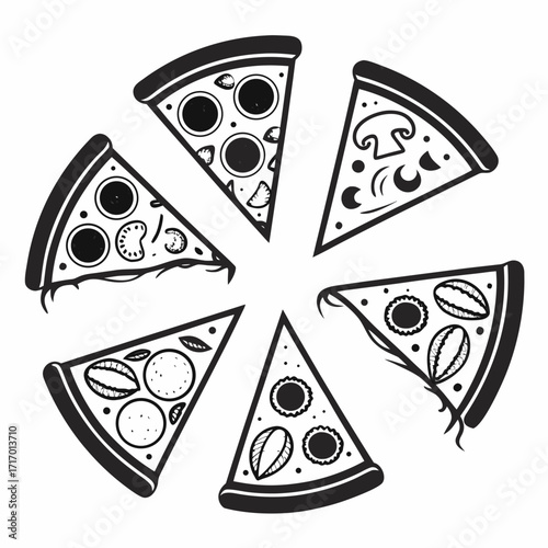 Assorted Pizza Slices Circle Arrangement Toppings Black and White