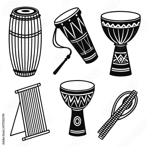 Assortment of African Drums and Stringed Instrument