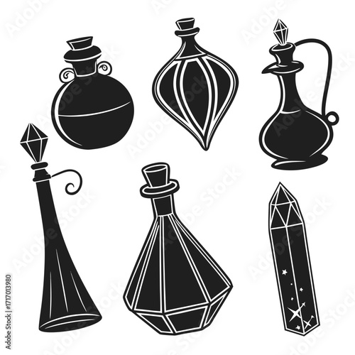 Assortment of six black silhouette potion bottles and crystals Keywords: potion, bottle, vial