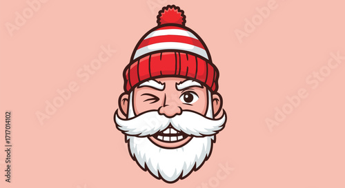 Cartoon illustration of a winking Santa Claus head wearing a red and white striped beanie.