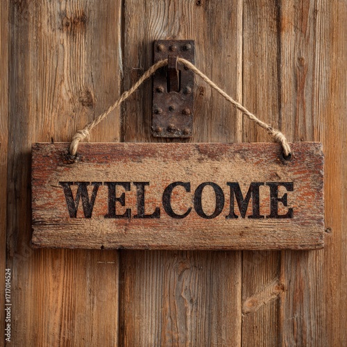 A rustic wooden welcome sign hanging on a weathered door, welcoming visitors