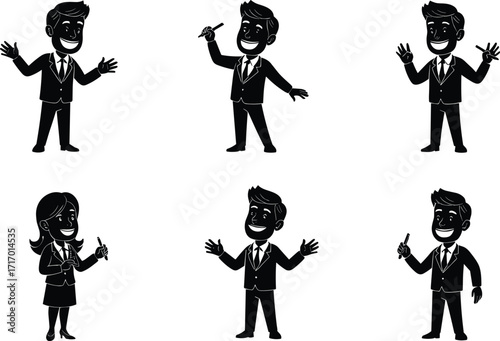 Business cartoon character illustration, happy office workers in suit, corporate teamwork concept, presentation, leadership, success, vector people design art