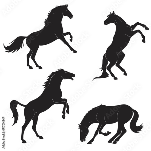 Black Silhouette Horses in Various Poses on White Background