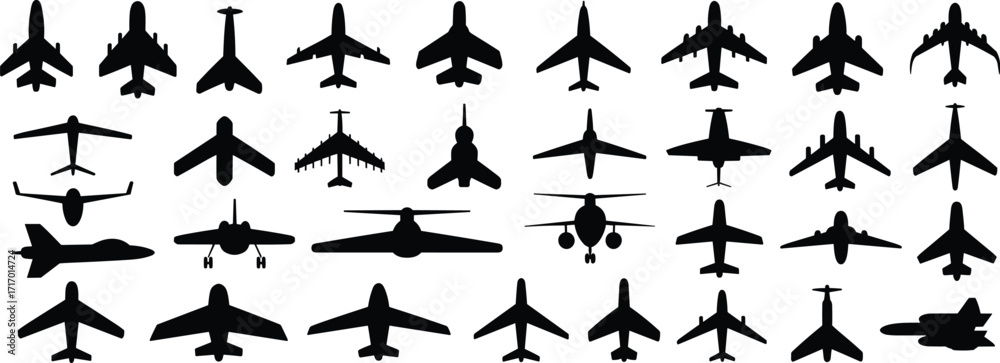 Naklejka premium Aircraft silhouettes, military jets, commercial planes, top view, aviation design, aerospace shapes, fighter aircraft, transport planes, reconnaissance models, aerodynamics