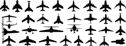 Aircraft silhouettes, military jets, commercial planes, top view, aviation design, aerospace shapes, fighter aircraft, transport planes, reconnaissance models, aerodynamics