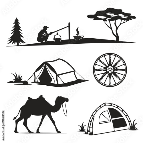 Camping and desert scene silhouettes tent camel