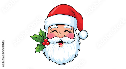Cartoon illustration of Santa Claus with a white beard, red hat, and holly.