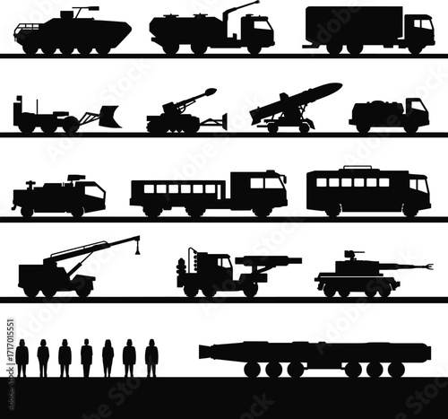 Military and utility vehicle silhouettes, army transport illustration, armored truck design, missile launcher vector, defense equipment graphic, black and white war concept
