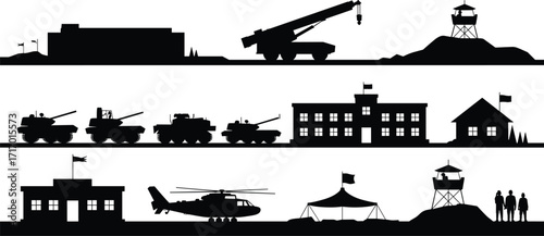 Military base silhouette collection with tanks, helicopters, watchtowers, buildings, vehicles, tents, soldiers and command centers isolated on white background
