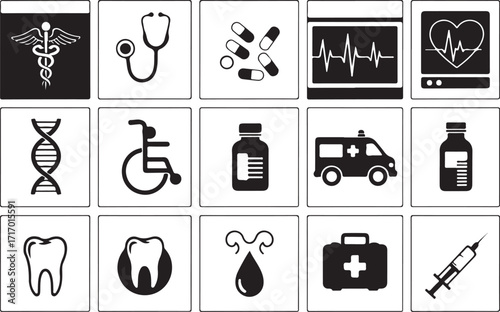 Collection of medical icons for healthcare professionals silhouette