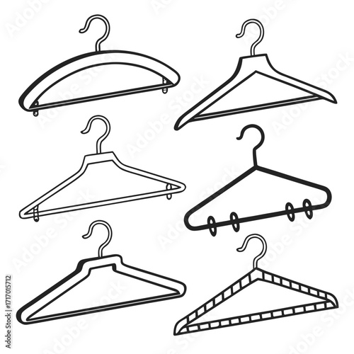 Collection of six different clothing hangers in outline style