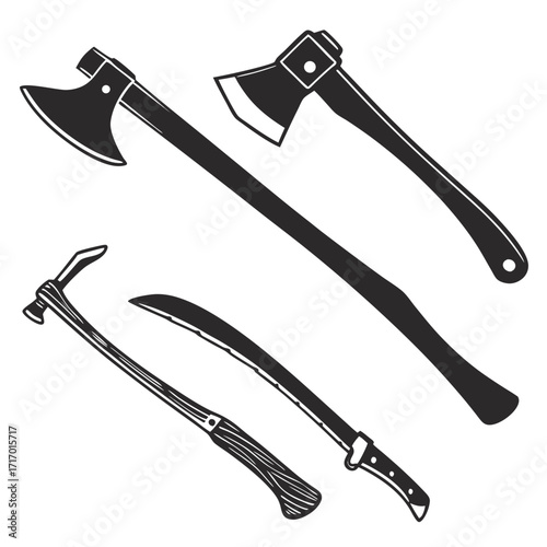 Collection of Silhouetted Axes and Machete hatchet