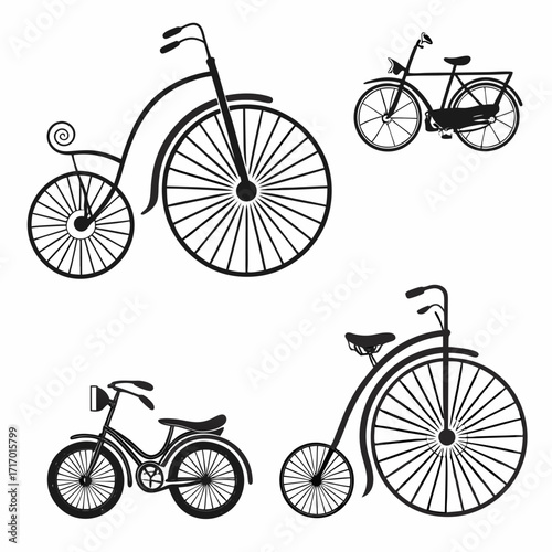 Collection of vintage and modern bicycle silhouettes Keywords: bicycle, bike, vintage, retro