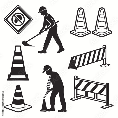 Construction Worker and Traffic Safety Icons Keywords: construction, worker, safety