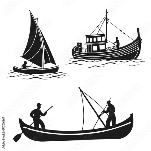 Diverse Fishing Boats and Sailboats Silhouettes Keywords: boat, fishing boat, sailboat
