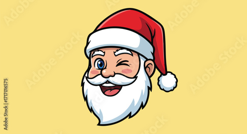 A cheerful cartoon illustration of Santa Claus winking with a big smile.