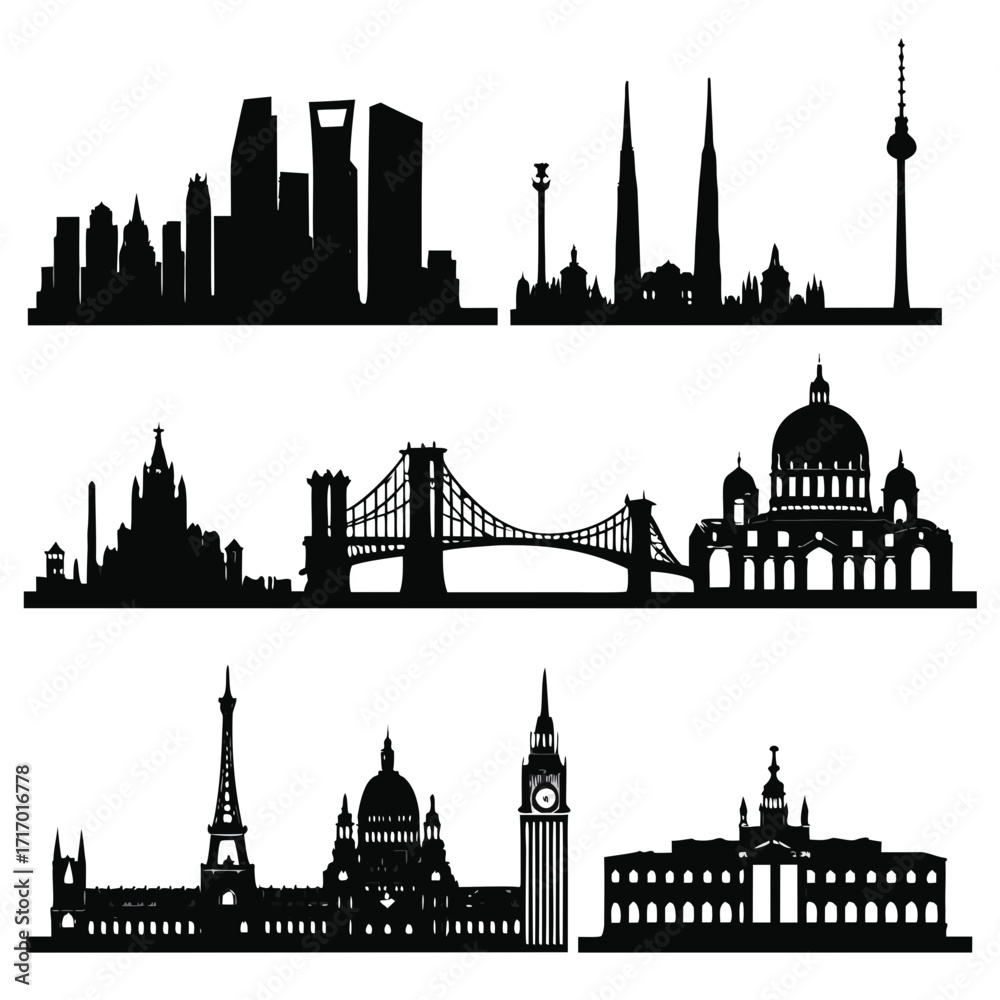 Naklejka premium Famous City Skylines Silhouettes Iconic Landmarks architecture