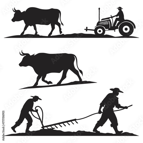 Farmers with oxen and tractor plowing and raking silhouettes