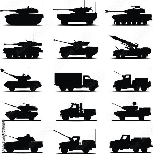 Military vehicle silhouettes, tank and armored truck illustration, missile launcher design, defense equipment vector, war machine graphic, black and white combat concept