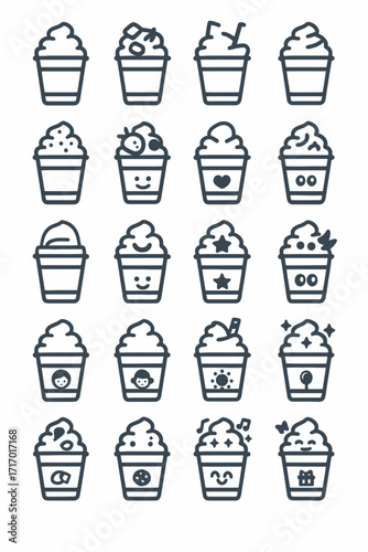 Vector icon set of blended beverages like frappes and smoothies, designed with adorable kawaii character expressions and decorative elements